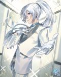  1boy blue_neckwear bow bowtie copyright_name cowboy_shot formal gloves hair_between_eyes hand_up indoors long_hair official_art omc outstretched_hand ponytail smile standing suit watermark white white_gloves white_hair white_suit wreath yoshitatsu 