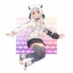  1girl animal_ears animal_hood azuma_lim azuma_lim_channel bangs black_legwear black_skirt blush brown_eyes cat_ears cat_hood closed_mouth eyebrows_visible_through_hair hair_between_eyes head_tilt hood hood_up hoodie koko_1224 long_hair long_sleeves looking_at_viewer outstretched_arms pleated_skirt puffy_long_sleeves puffy_sleeves silver_hair simple_background skirt smile solo stirrup_legwear thigh-highs toeless_legwear very_long_hair virtual_youtuber white_background white_hoodie 