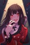  1girl :d bangs black_hair blunt_bangs blush breasts brown_hair commentary_request eyebrows_visible_through_hair highres hime_cut jabami_yumeko kakegurui large_breasts light lips long_hair looking_at_viewer open_mouth poker_chip red_eyes ribbon school_uniform shiny shirt smile snake solo tongue veryberry00 