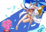  1girl abazu-red animal_ears beach_umbrella bikini blue_bikini blurry blurry_foreground bow breasts cleavage coat commentary_request depth_of_field ears_through_headwear english fang fate/extra fate/grand_order fate_(series) fox_ears fox_tail hat hat_bow holding holding_umbrella kanji leg_up long_hair medium_breasts ofuda open_clothes open_coat open_mouth pink_hair red_neckwear sandals smile solo standing standing_on_one_leg striped striped_bow sun_hat swimsuit tail tamamo_(fate)_(all) tamamo_no_mae_(fate) umbrella white_coat white_hat wristband yellow_eyes 