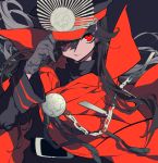  1st-mn belt black_gloves black_hair cape fate_(series) gloves hair_over_one_eye hat highres koha-ace long_hair looking_at_viewer mochizuki_kei oda_nobunaga_(fate) red_eyes smile 