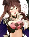  1girl absurdres bangs blush box breasts brown_hair cleavage commentary_request d: dark_general_(shingeki_no_bahamut) demon_girl demon_horns embarrassed eyebrows_visible_through_hair heart-shaped_box highres horns incoming_gift long_hair looking_at_viewer midriff navel nose_blush open_mouth outstretched_arm parted_bangs shadowverse shingeki_no_bahamut simple_background solo speech_bubble spoken_blush stomach upper_body v-shaped_eyebrows very_long_hair wavy_hair white_background yamato_(muchuu_paradigm) 