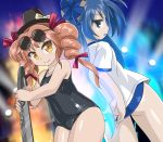  2girls alternate_costume armpit_crease aura back-to-back bare_arms bare_shoulders blue_eyes blue_hair bow breasts buruma collarbone commentary_request cowboy_shot drill_hair dutch_angle eyewear_on_head hair_bow hair_ribbon hat instrument long_hair looking_at_viewer looking_back mini_hat mini_top_hat multiple_girls night open_mouth outdoors pink_hair ribbon school_swimsuit shirt short_sleeves siblings sideways_glance sisters sky small_breasts smile spotlight sunglasses swimsuit t-shirt top_hat touhou tree tress_ribbon twin_drills untucked_shirt very_long_hair winn yellow_eyes yorigami_jo&#039;on yorigami_shion 