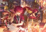  2boys book bookshelf candle chair couch cross cup elsword elsword_(character) gem highres letter lord_knight_(elsword) map multiple_boys music_box paper quill red_eyes redhead rune_slayer_(elsword) runes scorpion5050 shoulder_armor tattoo tea teacup 
