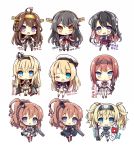  6+girls :&gt; ahoge akikaze_tsumuji aqua_eyes ark_royal_(kantai_collection) arm_up arrow bare_shoulders black_dress black_hair black_legwear blue_eyes blush bow bow_(weapon) breasts brown_eyes brown_hair character_name chibi compound_bow crown dress fang flight_deck gambier_bay_(kantai_collection) hair_bow hair_intakes hair_ornament hair_ribbon hairclip haruna_(kantai_collection) jervis_(kantai_collection) kantai_collection kongou_(kantai_collection) long_hair looking_at_viewer mini_crown multicolored_hair multiple_girls naganami_(kantai_collection) neckerchief nontraditional_miko one_eye_closed open_mouth pink_hair ponytail red_dress red_legwear redhead remodel_(kantai_collection) ribbon rigging saratoga_(kantai_collection) school_uniform serafuku short_hair smile tears thigh-highs twintails violet_eyes warspite_(kantai_collection) weapon white_dress wide_sleeves 