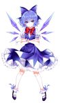  1girl absurdres artist_name blue_bow blue_dress blue_eyes blue_hair blue_wings bobby_socks bow bowtie center_frills cirno crossed_arms dress eyebrows_visible_through_hair full_body hair_between_eyes hair_bow highres ice ice_wings looking_at_viewer mary_janes petticoat puffy_short_sleeves puffy_sleeves purple_footwear red_bow red_neckwear ribbon-trimmed_legwear ribbon_trim sheya shirt shoes short_hair short_sleeves signature simple_background socks solo standing touhou v-shaped_eyebrows white_background white_legwear white_shirt wings wrist_cuffs 