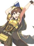  1girl ;d bangs book bow bracelet breasts brown_hair cape cowboy_shot crossed_bangs dress dyute_(fire_emblem) fang fire_emblem fire_emblem_echoes:_mou_hitori_no_eiyuuou hair_between_eyes hair_bow highres holding holding_book jewelry looking_at_viewer one_eye_closed open_mouth ponytail short_dress sleeveless sleeveless_dress small_breasts smile solo striped tdob_mk2 vertical-striped_dress vertical_stripes yellow_bow yellow_eyes 