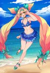  1girl absurdres beach bikini blazblue blue_bikini blue_sky choker commentary day flat_chest frilled_bikini frills green_eyes hairband heart heart-shaped_pupils highres long_hair low-tied_long_hair navel ocean open_mouth platinum_the_trinity quad_tails sandals sky smile solo stomach swimsuit symbol-shaped_pupils thank_you tusia two_side_up very_long_hair 