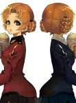  2girls bangs black_bow black_skirt blue_eyes blue_skirt blue_sweater bow braid brown_gloves commentary_request dress_shirt dual_persona epaulettes facing_away from_side girls_und_panzer gloves hair_bow holding holding_teapot jacket kuzuno_ha lips long_sleeves looking_at_viewer military military_uniform miniskirt multiple_girls orange_pekoe parted_lips pleated_skirt red_jacket school_uniform shirt short_hair simple_background skirt st._gloriana&#039;s_military_uniform st._gloriana&#039;s_school_uniform standing sweater symmetry teapot tied_hair twin_braids uniform white_background white_shirt 