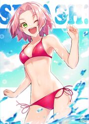  1girl armpits bikini blue_sky breasts cleavage collarbone eyebrows_visible_through_hair gluteal_fold green_eyes haruno_sakura lens_flare manda_(eyelashes) naruto naruto_(series) navel one_eye_closed open_mouth pink_hair red_bikini short_hair side-tie_bikini sky small_breasts smile solo sparkle stomach sun sunlight swimsuit water wet 