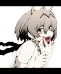  1girl animal_ears bare_shoulders blood blood_on_face blood_on_fingers bow bowtie extra_ears fangs from_side greyscale hair_between_eyes hand_to_own_mouth kemono_friends letterboxed line_shading looking_at_viewer monochrome oono_tsutomu open_mouth serval_(kemono_friends) serval_ears serval_print shirt short_hair simple_background sleeveless sleeveless_shirt solo spot_color upper_body visible_ears white_background white_shirt yellow_eyes 