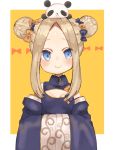  1girl abigail_williams_(fate/grand_order) alternate_hairstyle animal animal_on_head bangs black_bow black_dress black_hat blue_eyes blush bow breasts bug butterfly china_dress chinese_clothes cleavage_cutout closed_mouth commentary_request detached_sleeves double_bun dress eyebrows_visible_through_hair fate/grand_order fate_(series) forehead hair_bow hair_up hands_in_opposite_sleeves hat highres insect light_brown_hair long_hair long_sleeves matsuda_(0yx38755230263c) object_hug on_head orange_bow panda panda_on_head parted_bangs side_bun sidelocks sleeveless sleeveless_dress sleeves_past_fingers sleeves_past_wrists small_breasts smile solo stuffed_animal stuffed_toy teddy_bear very_long_hair wide_sleeves 
