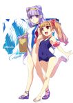  2girls aisaki_emiru bag blue_swimsuit bow brown_hair casual_one-piece_swimsuit dated double_bun full_body hair_bow hairband hiiro_yuki hugtto!_precure long_hair multicolored multicolored_clothes multicolored_swimsuit multiple_girls one-piece_swimsuit open_toe_shoes precure purple_footwear purple_hair red_eyes round_teeth ruru_amour sandals school_swimsuit signature swimsuit teeth turtleneck twintails upper_teeth violet_eyes walking yellow_hairband 