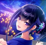  1girl alternate_hairstyle artist_request black_hair blue_kimono blush earrings flower forcas hair_flower hair_ornament hair_up japanese_clothes jewelry kimono lantern_festival multicolored_hair night official_art open_mouth phantom_of_the_kill sky smile two-tone_hair yukata 