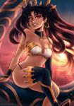  1girl armlet armor bikini_armor black_ribbon breasts brown_hair cleavage crown detached_collar earrings elbow_gloves fate/grand_order fate_(series) gloves hair_ribbon hoop_earrings iahfy image_sample ishtar_(fate/grand_order) jewelry long_hair medium_breasts red_eyes ribbon single_detached_sleeve single_elbow_glove single_thighhigh sitting smile solo sunset thigh-highs tumblr_sample two_side_up 