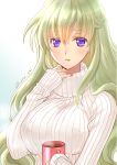  1girl blonde_hair breasts code_geass:_boukoku_no_akito coffee cup eyebrows_visible_through_hair hair_between_eyes holding holding_cup huge_breasts komaichi leila_(code_geass) long_hair looking_at_viewer nail_polish parted_lips red_nails ribbed_sweater shiny shiny_hair solo steam sweater upper_body very_long_hair violet_eyes white_sweater 