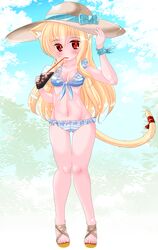  1girl animal_ears arm_up bangs bare_arms bare_shoulders bendy_straw bikini blonde_hair blue_bikini blue_bow blue_sky blush bow breasts brown_hat cat_ears cat_girl cat_tail cleavage clouds cold commentary_request cup day drink drinking drinking_glass drinking_straw eyebrows_visible_through_hair front-tie_bikini front-tie_top full_body groin hair_between_eyes hand_on_headwear hat hat_bow highres holding holding_drinking_glass kanijiru knees_together_feet_apart long_hair medium_breasts navel orange_footwear original outdoors pigeon-toed red_eyes red_ribbon ribbon sandals sky solo standing sun_hat swimsuit tail tail_ribbon toenails very_long_hair 