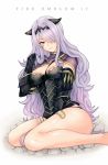  1girl akina_(akn_646) armor between_breasts black_armor breasts camilla_(fire_emblem_if) copyright_name fire_emblem fire_emblem_if gloves hair_over_one_eye horn_ornament long_hair purple_hair simple_background sitting smile solo tiara vambraces wavy_hair white_background 