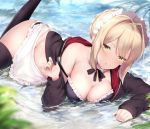  1girl :o adjusting_clothes adjusting_swimsuit apron artoria_pendragon_(all) artoria_pendragon_(swimsuit_rider_alter) bikini black_bikini black_legwear blonde_hair blush braid breasts cleavage fate/grand_order fate_(series) french_braid frilled_bikini frills highres long_sleeves looking_at_viewer lying maid_headdress maosame medium_breasts outdoors partially_submerged solo swimsuit thigh-highs underwear wet white_apron yellow_eyes 