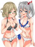 2girls absurdres bikini blonde_hair blue_eyes blush breasts closed_mouth eyebrows_visible_through_hair glasses graphite_(medium) green_eyes grey_hair highres kantai_collection kashima_(kantai_collection) katori_(kantai_collection) large_breasts looking_at_viewer maonatten multicolored multicolored_clothes multicolored_swimsuit multiple_girls open_mouth ponytail simple_background swimsuit traditional_media twintails white_background 