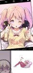  2girls ;o bang_dream! bangs blonde_hair bow cellphone character_pillow clothes_writing collarbone commentary_request finger_gun foot_hold half_updo highres looking_at_viewer lying maruyama_aya michelle_(bang_dream!) multiple_girls notice_lines on_back one_eye_closed pants phone pink_bow pink_eyes pink_hair pointing pointing_at_viewer polka_dot polka_dot_shirt red_pants self_shot shipii_(jigglypuff) shirasagi_chisato shirt shoes short_sleeves single_shoe smartphone spread_legs taking_picture trembling turn_pale twintails violet_eyes yellow_shirt 