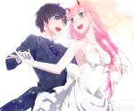  1boy 1girl bangs bare_shoulders black_hair black_suit blue_eyes blue_horns breasts bridal_veil cleavage collarbone commentary_request couple darling_in_the_franxx dress elbow_gloves fang formal gloves green_eyes hand_holding hetero highres hiro_(darling_in_the_franxx) horns leje39 long_hair looking_back necktie oni_horns open_clothes open_mouth pink_hair purple_neckwear red_horns short_hair sleeveless sleeveless_dress suit veil wedding_dress white_dress white_gloves zero_two_(darling_in_the_franxx) 