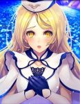  1girl artist_request blonde_hair blush dress earrings excalibur_(phantom_of_the_kill) flower gloves hat jewelry long_hair looking_at_viewer official_art open_mouth phantom_of_the_kill stud_earrings white_dress yellow_eyes 