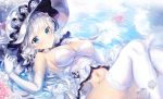  1girl armlet armpits azur_lane bangs bare_shoulders blue_eyes blue_sky blush breasts choker cleavage closed_mouth clouds day dress dress_pull elbow_gloves eyebrows_visible_through_hair flower flower_on_water gloves hair_ornament hair_ribbon hat hat_flower holding_necklace illustrious_(azur_lane) knees_up large_breasts long_hair looking_at_viewer low_twintails lying mole mole_under_eye narae navel on_back on_water outdoors reflection ribbon ripples sapphire_(stone) sidelocks sky smile solo sparkle stomach strapless strapless_dress thigh-highs thighs tress_ribbon twintails water_drop white_dress white_gloves white_hair white_legwear 