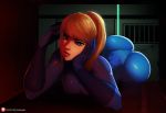  1girl ass bangs blonde_hair blue_bodysuit blue_eyes bodysuit breasts chin_rest commentary english_commentary huge_ass laser lips long_hair lying metroid mole mole_under_mouth morganagod nose on_stomach patreon_username ponytail samus_aran skin_tight solo swept_bangs thick_eyebrows ventilation_shaft 