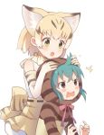  2girls ahoge animal_ears bare_shoulders belt blonde_hair blue_hair blush bow bowtie buchi_(y0u0ri_) cat_ears commentary_request elbow_gloves eyebrows_visible_through_hair frilled_skirt frills gloves high-waist_skirt highres hood hoodie kemono_friends long_sleeves multicolored_hair multiple_girls neck_ribbon open_mouth ribbon sand_cat_(kemono_friends) short_hair skirt sleeveless striped sweat tsuchinoko_(kemono_friends) wavy_mouth 