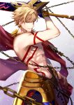  1boy absurdres arm_up blonde_hair chains ea_(fate/stay_night) fate_(series) gilgamesh gradient gradient_background grey_background hair_between_eyes hand_on_hip highres holding holding_sword holding_weapon parted_lips red_eyes smile solo spiky_hair sword tarao_(13raven) weapon 