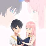  1boy 1girl anichka bangs bare_shoulders black_hair blue_eyes blue_horns blush book collarbone commentary couple darling_in_the_franxx dual_persona english_commentary eyebrows_visible_through_hair face-to-face facing_another green_eyes hetero highres hiro_(darling_in_the_franxx) holding holding_book horns long_hair looking_at_another oni_horns open_mouth pink_hair red_horns shirt short_hair short_sleeves sleeveless sleeveless_shirt white_shirt younger zero_two_(darling_in_the_franxx) 