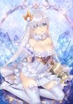  1girl anastasia_(fate/grand_order) bare_shoulders blue_eyes bow_thighhighs breasts demmy detached_collar dress eyebrows_visible_through_hair fate/grand_order fate_(series) hair_ornament looking_at_viewer short_dress silver_hair sitting snowflake_hair_ornament solo strapless strapless_dress thigh-highs white_dress white_legwear white_thighhighs yokozuwari 