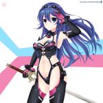  1girl armpits blue_eyes blue_hair breasts choujigen_game_neptune cleavage cosplay elbow_gloves falchion_(fire_emblem) fire_emblem fire_emblem:_kakusei gloves helvetica_5tandard highres iris_heart iris_heart_(cosplay) long_hair lucina navel neptune_(series) patreon_username revealing_clothes smile solo tiara 