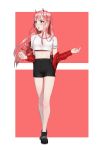  1girl alternate_costume bangs black_shorts blush boots breasts candy casual darling_in_the_franxx food full_body green_eyes hairband highres horns jacket lollipop long_hair looking_to_the_side medium_breasts midriff open_mouth pink_hair ravenpulse red_horns red_jacket shirt shorts solo standing white_hairband white_shirt zero_two_(darling_in_the_franxx) 