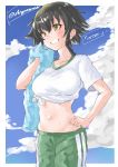  1girl absurdres bangs black_hair blue_sky braid breasts brown_eyes character_name commentary_request cowboy_shot day double_vertical_stripe eyebrows_visible_through_hair girls_und_panzer green_shorts grin hand_on_hip highres holding holding_towel looking_to_the_side medium_breasts midriff outdoors outside_border pepperoni_(girls_und_panzer) shignonpencil shirt short_hair short_sleeves shorts side_braid sky smile solo standing sweat t-shirt tied_shirt towel twitter_username white_shirt 