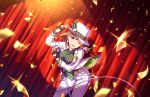  1girl artist_request brown_hair confetti earrings fingerless_gloves gloves green_eyes hat idolmaster idolmaster_cinderella_girls idolmaster_cinderella_girls_starlight_stage jacket jewelry microphone microphone_stand nail_polish necktie official_art one_eye_closed pants ring smile solo vintage_microphone white_hat white_jacket white_pants yanagi_kiyora 