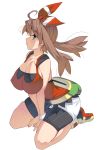 1girl ahoge arched_back arm_support bag bandanna bare_arms bare_legs bare_shoulders between_legs bike_shorts breasts brown_hair camisole cleavage closed_mouth collarbone erect_nipples floating_hair from_side full_body hairband hand_between_legs haruka_(pokemon) highres impossible_clothes large_breasts long_hair looking_afar masao pocket pokemon pokemon_(game) pokemon_oras red_camisole red_hairband seiza shorts shorts_under_shorts simple_background sitting skindentation solo twintails white_background white_shorts wristband zipper 