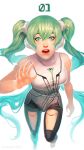  1girl alternate_costume arucelli backlighting bodysuit breasts eyebrows floating_hair green_eyes green_hair hair_between_eyes hatsune_miku headset highres lips long_hair looking_at_viewer medium_breasts nose open_mouth robot_joints solo song_request twintails very_long_hair vocaloid white_background 