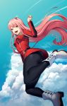  1girl :d ass bangs blue_eyes blue_sky boots breasts clouds cloudy_sky darling_in_the_franxx day dress fangs floating floating_hair full_body hair_between_eyes horns jumping long_hair open_mouth outdoors pantyhose perspective pink_hair satchely short_dress sky smile straight_hair zero_two_(darling_in_the_franxx) 
