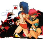  2girls 80s barefoot blue_eyes blue_hair boots butt_crack dirty_pair gun handgun headband holding japanese_flag kei_(dirty_pair) long_hair looking_back mouth_hold multiple_girls official_art oldschool open_mouth pipe red_eyes redhead short_hair simple_background takachiho_haruka weapon white_background yuri_(dirty_pair) 