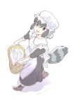  1girl alternate_costume apron blue_eyes boots commentary_request common_raccoon_(kemono_friends) dress enmaided eyebrows_visible_through_hair from_above grey_hair kemono_friends korean_commentary laundry_basket long_dress maid maid_apron maid_cap multicolored_hair raccoon_tail roonhee short_hair short_sleeves solo tail 