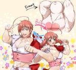  1boy 1girl :d abs ahoge arms_behind_head blush breasts cleavage clenched_hand dual_persona earrings heart huge_ahoge index_finger_raised jewelry magical_girl mahou_shoujo_ore midriff muscle open_mouth pink_hair smile star uno_saki 