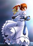  1girl black_gloves brown_hair cropped_jacket diesel-turbo fingerless_gloves from_behind frown gauntlets gloves hair_ribbon jacket juliet_sleeves long_sleeves looking_up lyrical_nanoha mahou_shoujo_lyrical_nanoha mahou_shoujo_lyrical_nanoha_a&#039;s mahou_shoujo_lyrical_nanoha_the_movie_2nd_a&#039;s puffy_sleeves raising_heart ribbon shiny shiny_hair short_twintails skirt staff standing takamachi_nanoha twintails violet_eyes 