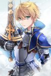  1boy armor arthur_pendragon_(fate) blonde_hair blue_cape breastplate cape excalibur_(fate/prototype) eyebrows_visible_through_hair fate/prototype fate_(series) gauntlets green_eyes hair_between_eyes holding holding_sword holding_weapon looking_to_the_side parted_lips shiao solo sword upper_body weapon 