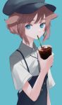  1girl animal_ears aqua_background aqua_eyes bangs brown_hair commentary_request cup drinking_glass eyebrows_visible_through_hair holding holding_drinking_glass iced_tea looking_at_viewer migihidari_(puwako) original short_hair short_sleeves simple_background sipping solo 
