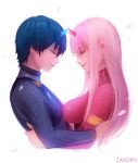  1boy 1girl bangs black_bodysuit black_hair blue_horns bodysuit breasts closed_eyes commentary couple darling_in_the_franxx english_commentary eyebrows_visible_through_hair face-to-face facing_another gloves hetero hiro_(darling_in_the_franxx) horns long_hair medium_breasts oni_horns pilot_suit pink_hair red_bodysuit red_horns short_hair white_gloves zarory zero_two_(darling_in_the_franxx) 