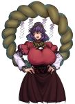  1girl breasts cropped_legs erect_nipples hands_on_hips highres huge_breasts juliet_sleeves long_skirt long_sleeves mirror puffy_sleeves purple_hair red_eyes rope scrunchie sharp_teeth shide shimenawa shirt skirt solo space_jin taut_clothes taut_shirt teeth touhou white_background yasaka_kanako 