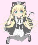  1girl animal_ears arm_up bangs black_dress black_footwear black_ribbon blonde_hair blush bow cat_ears cat_girl cat_tail dress eyebrows_visible_through_hair fingernails frilled_hairband frills green_eyes grey_legwear hair_between_eyes hairband hand_in_hair long_hair looking_at_viewer maid nose_blush original pantyhose parted_lips pink_background puffy_short_sleeves puffy_sleeves ribbon riria_(happy_strawberry) shoes short_sleeves simple_background solo tail tail_bow very_long_hair white_bow 