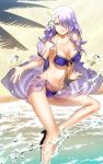  1girl bare_shoulders beach bikini breasts camilla_(fire_emblem_if) cleavage day fire_emblem fire_emblem_heroes fire_emblem_if floral_print flower hair_flower hair_ornament hair_over_one_eye highres korikorikori large_breasts long_hair navel purple_hair sand sarong shadow sitting solo swimsuit violet_eyes water 